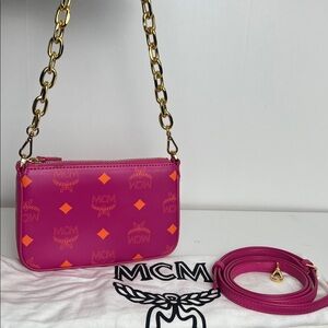 EUC MCM Mini Zip Pouch Splash Logo Crossbody Bag Pink
